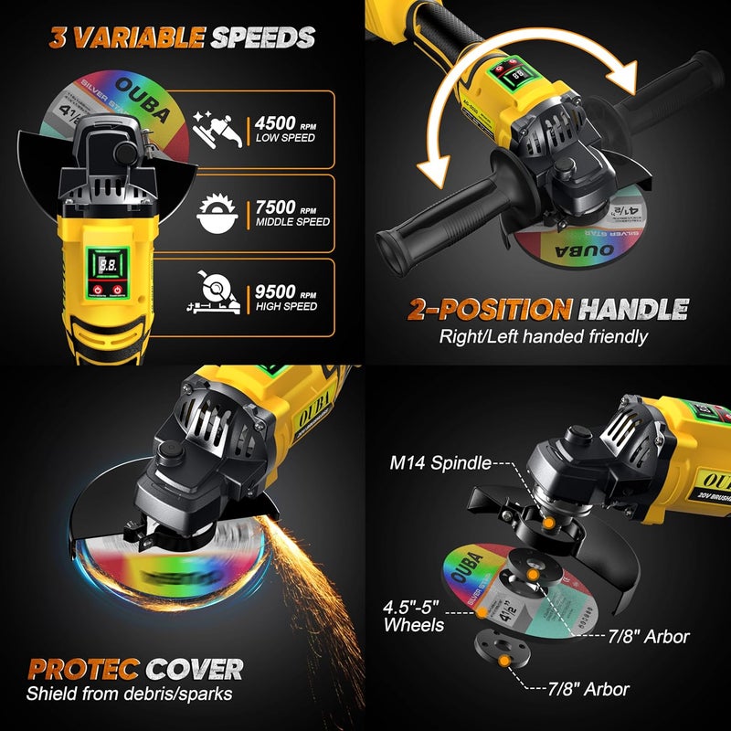 OUBA Cordless Angle Grinder Power Tools, Compatible with Dewalt 20V Max Battery Grinder Tool, Brushless Motor with LED, 3 Variable Speed, 4-1/2" Cutting Whee, Flap Disc Grinding (No Battery), Yellow - Image 2